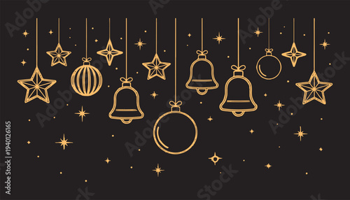 Golden Christmas Ornaments and Stars Hanging on Black Background with Sparkles Festive Holiday Season vector illustration