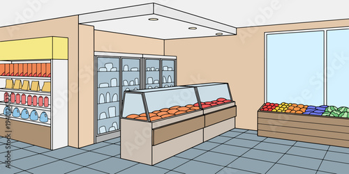 Grocery store shop interior color graphic sketch illustration vector 