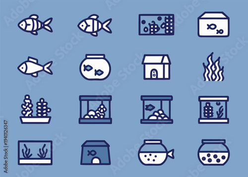 A set of sixteen flat vector line icons showing fish and home aquarium setups including tanks and fishbowls on a light blue background.