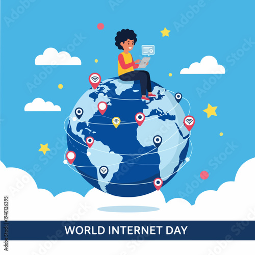 Person sitting on globe using laptop connected to world.