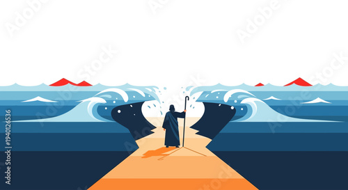 Moses Parting the Red Sea Biblical Passover Story Flat Vector Illustration