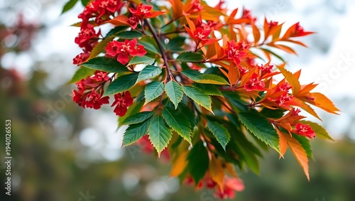 A close up of a branch with red flowers and green and orange leaves in a blurred background nature view