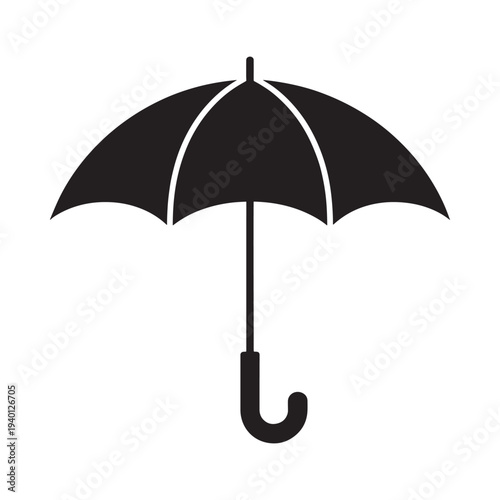 A simple black silhouette of an open umbrella against a white background