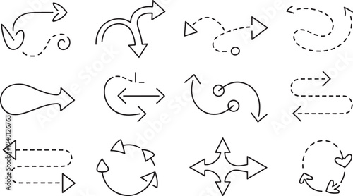 Collection of Hand Drawn Arrow Icons with Dotted Lines and Curves in Outline Style vector illustration