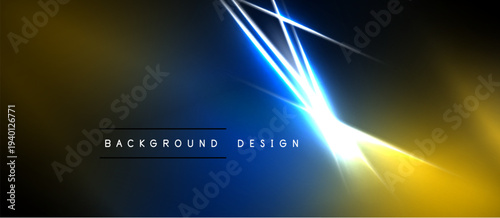 Abstract background features bright lines, gradients. Yellow, blue hues dominate dark space. Text reads background design. Modern, dynamic visual.