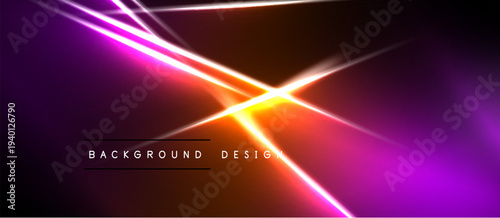 Abstract neon lines intersect, creating vibrant orange, purple glow. Dark background emphasizes bright light effects. Modern design element.