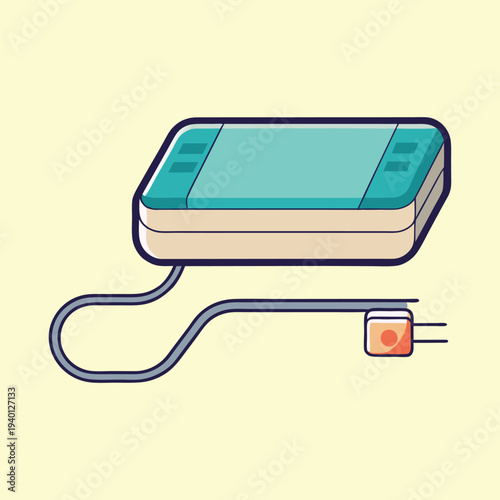 A simple illustrated image of a blue hand held video game system