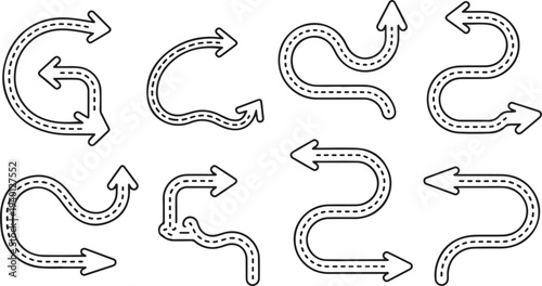 Set of curved arrows with dashed lines on white background