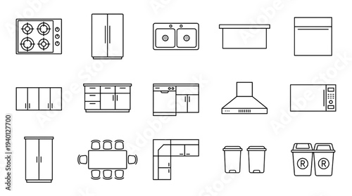 Kitchen Furniture Top View Icon Set Thin Line Vector Floor Plan Symbols for Interior Design Blueprint Layout