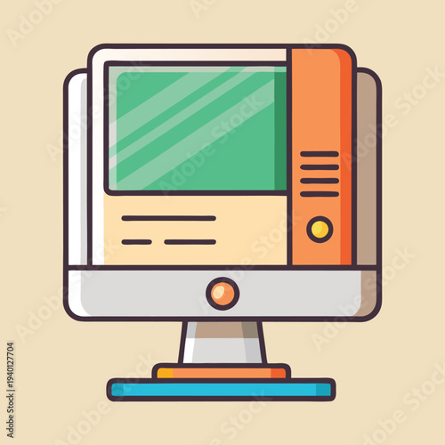 Illustration of a retro computer with a green screen and orange accents
