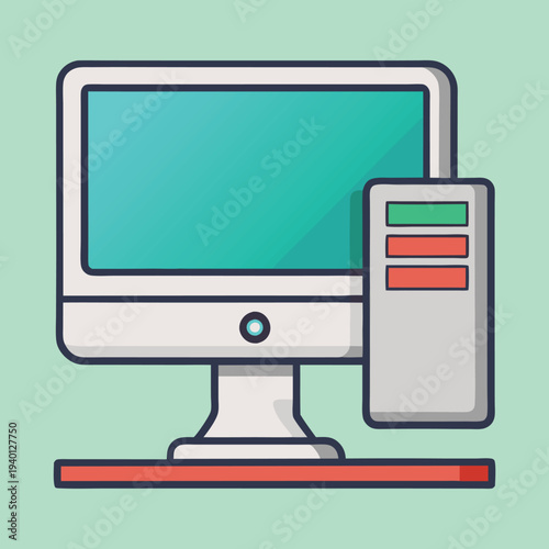 Cartoon Computer Setup with Central Processing Unit and Screen Displaying Teal