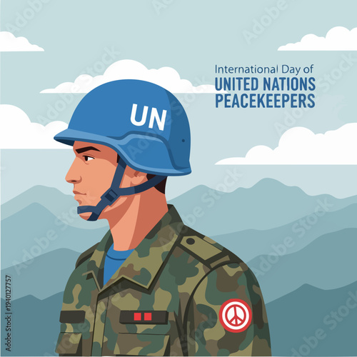 United Nations Peacekeeper in Uniform with Helmet and Emblem.