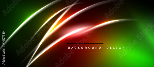 Abstract neon lines over dark background. Vibrant green, red hues create dynamic visual effect. Modern design element.