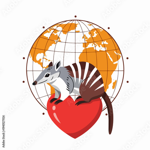Cute Bandicoot Animal on Heart with Globe Background.