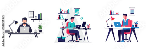 A young man working on his laptop at a contemporary desk setup, flat vector illustration, simple minimalist style, white background.