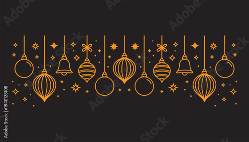 Golden Christmas ornaments and bells hanging on black background with festive sparkles