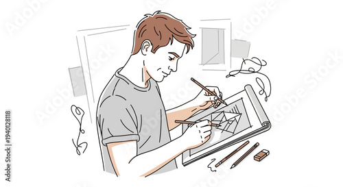 Young man drawing geometric shapes on a tablet, creative process, artist at work