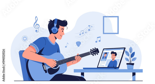 Young man learning guitar online via video call, enjoying music lesson at home