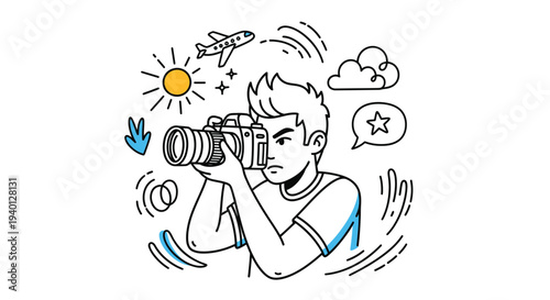 Young man photographer capturing travel moments with camera, airplane and sun in background