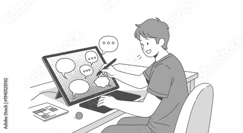 Young man drawing speech bubbles on a tablet, creative design, communication concept