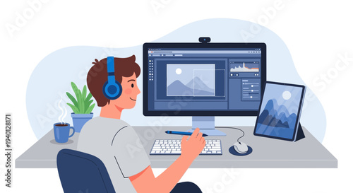 Young man with headphones editing photos on computer, digital art, graphic design