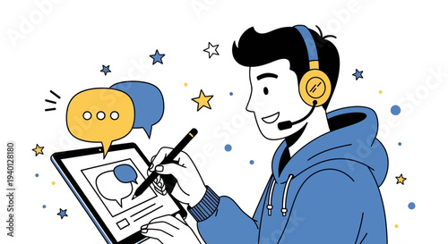 Young man with headset and tablet drawing speech bubbles, digital art, online communication concept