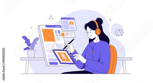Young woman designer creating website interface on tablet, working remotely with headphones
