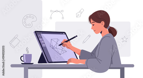 Young woman digital artist drawing 3D model on tablet, creative workspace with coffee