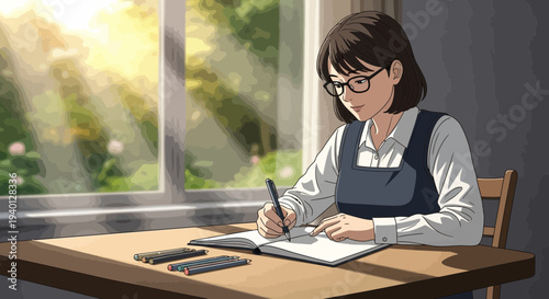 Young Woman Writing in Notebook at Desk by Sunny Window