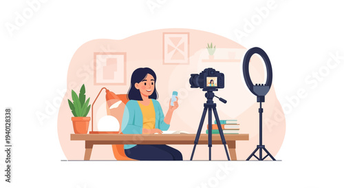 Young woman vlogging at home, reviewing product with ring light and camera