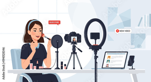 Young woman vlogging makeup tutorial with ring light and camera at home studio