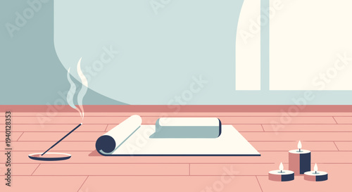 Zen meditation space with incense, yoga mat, bolster, and candles