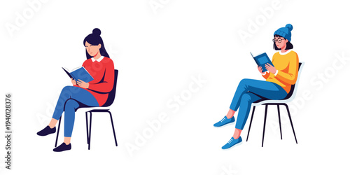 Minimalist vector illustration of a young woman seated on a chair reading a book, flat design, clean lines, white background.