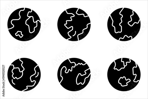 Earth globe symbol icon set. Vector planet signs. Simple silhouette world map shape elements.