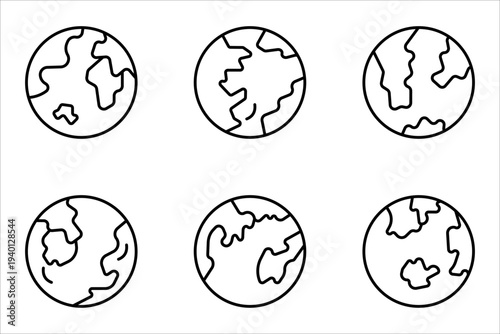 Earth globe symbol icon set. Vector planet signs. Simple silhouette world map shape elements.