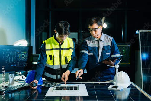 Engineers designing renewable energy project using wind turbine model and solar panels while reviewing digital blueprint. Concept of clean power, sustainability