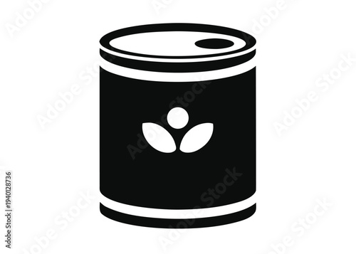 A black and white glyph icon showing a cylindrical tin can with a hole in the lid and a label featuring a three-petal flower emblem.
