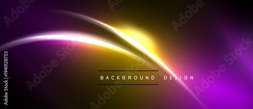 Abstract neon lines create vibrant gradient. Dark background emphasizes bright yellow, purple hues. Modern design element.