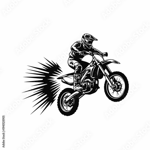 Rider Performs Stunt Jump on Dirt Bike, Soaring Through Air with Dynamic Motion, Illustrated in Black and White, Captured from Side View