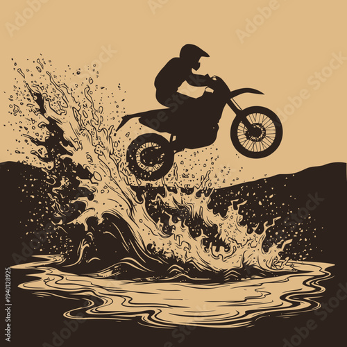 Motorcyclist jumping over water with splash, rider in action, outdoor terrain, vector illustration, dynamic scene