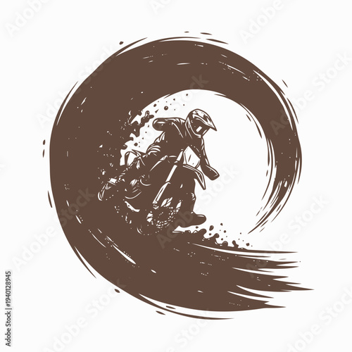 Motorcyclist performing a stunt jump in a dynamic circular motion, captured in a vector illustration from a side viewpoint