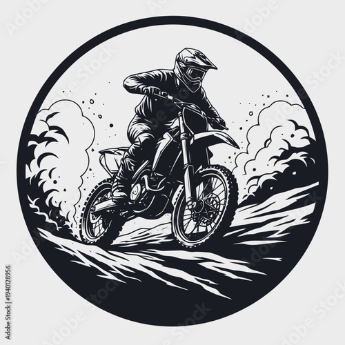 Dirt biking action scene with rider in motion on rugged terrain, captured from a dynamic angle