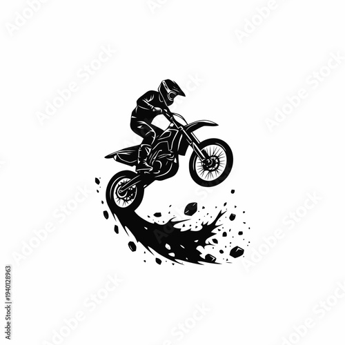 Rider in mid-air on dirt bike performing stunt jump with splashes, viewed from side