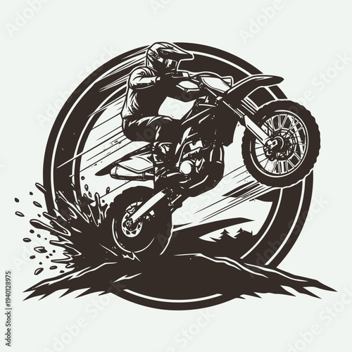 Motorcyclist Performs Stunt Jump on Dirt Bike in Mid-Air, Dirt Flying Everywhere, Whisk Concept Illustration