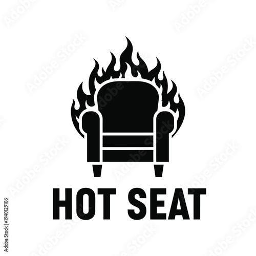 A stark black silhouette depicts an armchair engulfed in flames accompanied by bold text reading hot seat below high quality professional detailed modern elegant