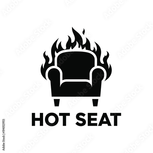 A stark black silhouette depicts a comfortable armchair engulfed in vibrant flames accompanied by the text hot seat below high quality professional detailed modern