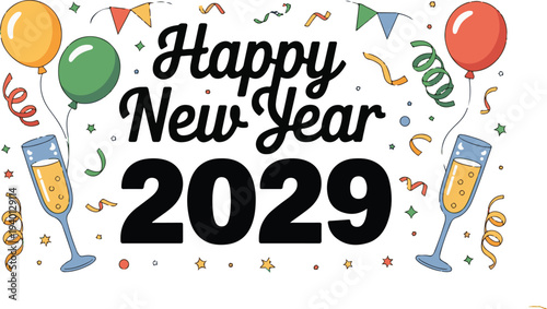 Celebrate Happy New Year 2029 with festive decorations and champagne