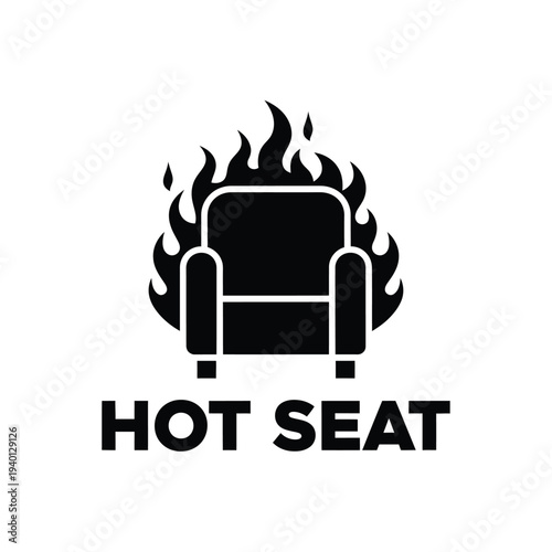 A stark black silhouette depicts a chair engulfed in flames with the text hot seat boldly displayed beneath it high quality professional detailed modern