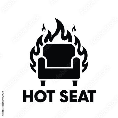 A stark black silhouette depicts a comfortable armchair engulfed in vibrant flames with the text hot seat below it high quality professional detailed modern
