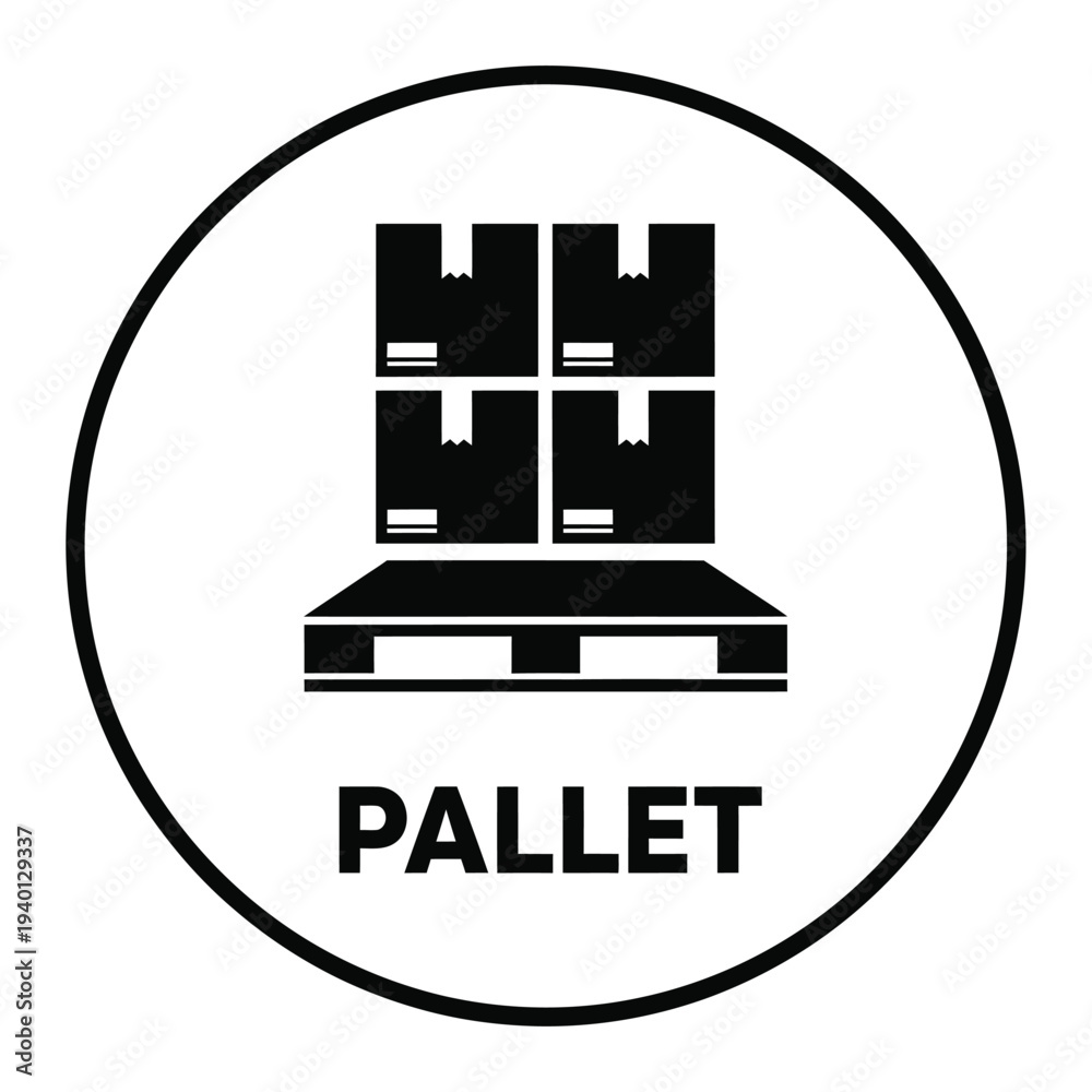Obraz premium A simplified black and white circular icon depicts stacked cardboard boxes on a wooden pallet with the word pallet below high quality professional detailed modern elegant